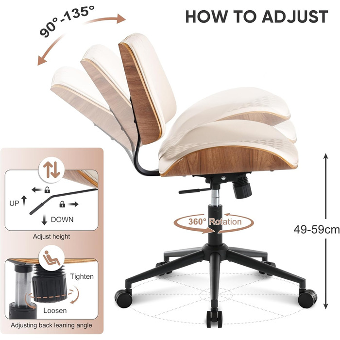Офісний стілець без підлокітників, стілець для столу, шкіра та дерево, сучасний стілець для домашнього офісу, функція гойдання, вантажопідйомність до 136 кг, регульована висота, поворотне крісло на 360 для кабінету, спальні, домашнього офісу, бежевий