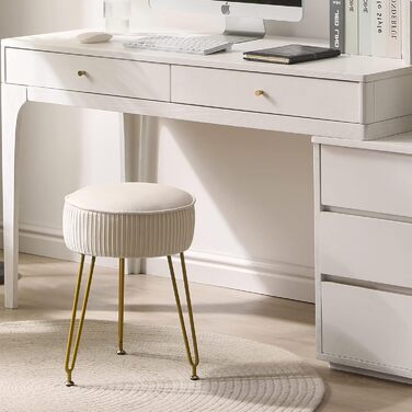 Оксамитова кругла підставка для ніг, бічний столик для макіяжу, оксамитове сидіння для туалетного столика, пуф-табурет, золотисті сталеві ніжки, кремово-білий колір L/G-30M без місця для зберігання, кремово-білий