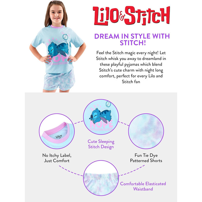 Піжами Disney Stitch Піжами Ліло та Стіч для дівчаток Піжами з короткими рукавами та принтом тай-дай для дівчаток, розмір 134