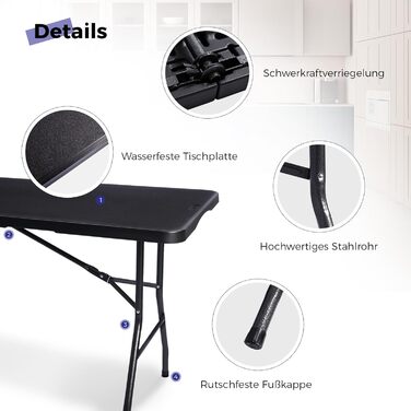 Складаний стіл, 180 см, портативний, міцний, пластиковий, розкладний, для використання в приміщенні та на вулиці, для кемпінгу, пікніків та вечірок (чорний)