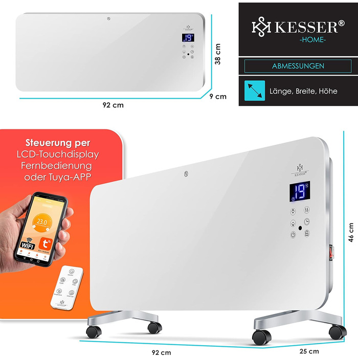 Електричний скляний конвекторний обігрівач KESSER Сенсорний екран Додаток із функцією WiFi, включаючи пульт дистанційного керування РК-дисплей Таймер Підлоговий або настінний обігрівач 2000 Вт Білий / Скляний конвектор