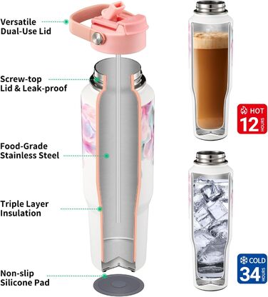 Пляшка для води THILY з нержавіючої сталі об&39ємом 40 унцій, потрійно ізольована, герметична пляшка для води з широким горлом, кришкою та трубочками, порошкове покриття, без BPA, зберігає напої гарячими та холодними, Pink Lilies F40 - Pink Lilies, модель