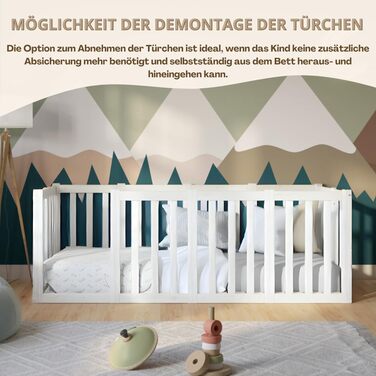 Дитяче ліжко 120x200 см Ліжко Монтессорі на підлогу з високим захистом від падіння 73 см та відкривним бар&39єром - Біле з гладкою поверхнею - Ідеально підходить для хлопчиків та дівчаток Crazy John 200 x 120 см Біле