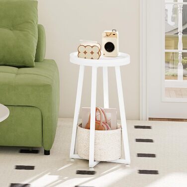 Круглий бічний столик HOOBRO, маленька тумбочка, сучасний диван-столик, журнальний столик з піднятим краєм та бежевим тканинним кошиком, для невеликих приміщень, вітальні, гуртожитку, білий EWW183BZ01