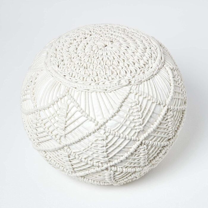 Пуф Homescapes Crochet Pouf, натуральний, кругла підлогова подушка 35 x 40 см у стилі бохо, декоративна підставка для ніг у стилі макраме, в&39язаний гачком пуф зі 100 бавовни, в&39язаний гачком пуф/в&39язаний табурет 35 x 40 см натуральний