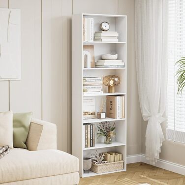 Книжкова полиця FirFurd, дерев&39яна полиця з 6 відділеннями, полиці, книжкова шафа, полиця для зберігання для вітальні, кабінету, виготовлена з дерева, 180 x 60 x 23,5 см, білий