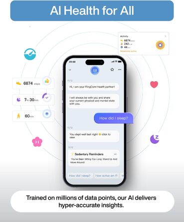 Надтонке смарт-кільце зі штучним інтелектом, 10-денний час роботи від батареї, трекер сну/стресу/серцевого ритму, смарт-кільця для чоловіків, водонепроникність IP68, сумісність з iOS та Android (Galaxy Silver, 8) 8 Silver, 2 Air