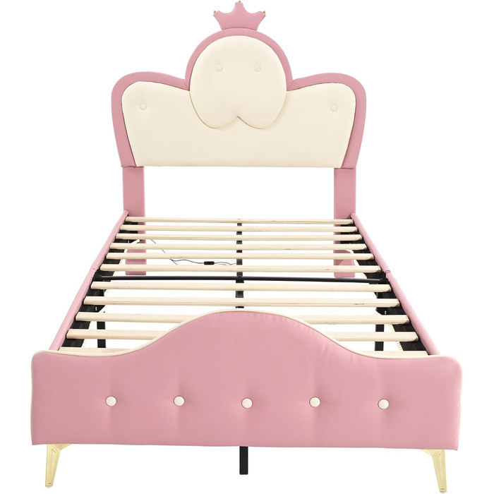 Дитяче м&39яке ліжко Merax 90x200 см зі світлодіодними стрічками, односпальне ліжко для дівчаток, хвилеподібне узголів&39я з вінцем, каркас ліжка з рейковою основою та узніжжям, дитяче ліжко, ПУ, без матраца, рожево-біле 90 x 200 см рожево-біле - зі світл