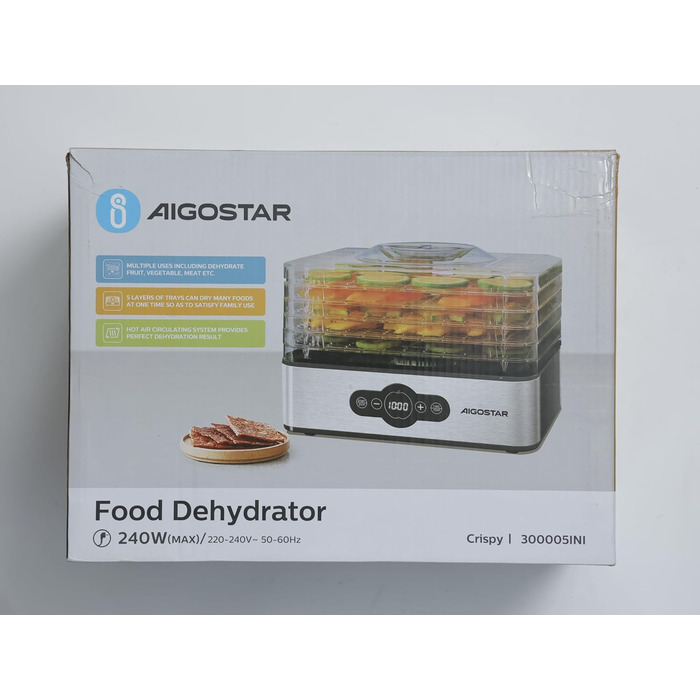 Дегідратор, дегідратор з регулятором температури, 240 Вт, 35-70 C, таймер на 99 годин, 5 вставок, дегідратор з нержавіючої сталі для м'яса, фруктів, овочів, дегідратор - без BPA