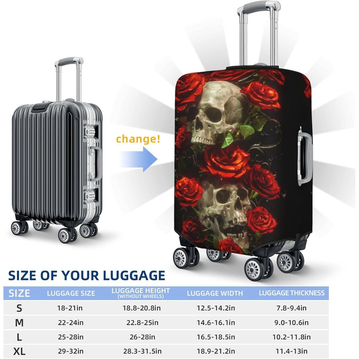 Чохол для багажу BAFAFA з принтом Череп і троянди, еластичний захист від подряпин і пилу для валіз, чорний, розмір 85