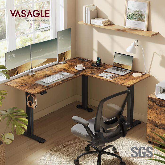 Електричний письмовий стіл з регульованою висотою, L-подібний кутовий стіл, 140 x 160 см, із зарядною станцією, функція пам&39яті з 2 висотами, для домашнього офісу, вінтажний коричневий - чорний LSD264K01 Вінтажний коричневий чорнильний