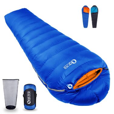 Пуховий спальний мішок, теплий легкий зимовий спальний мішок від 0C до -23C для дорослих та дітей, 4 сезони кемпінгу, використання на вулиці та в приміщенні, сапфірово-синій, 7C