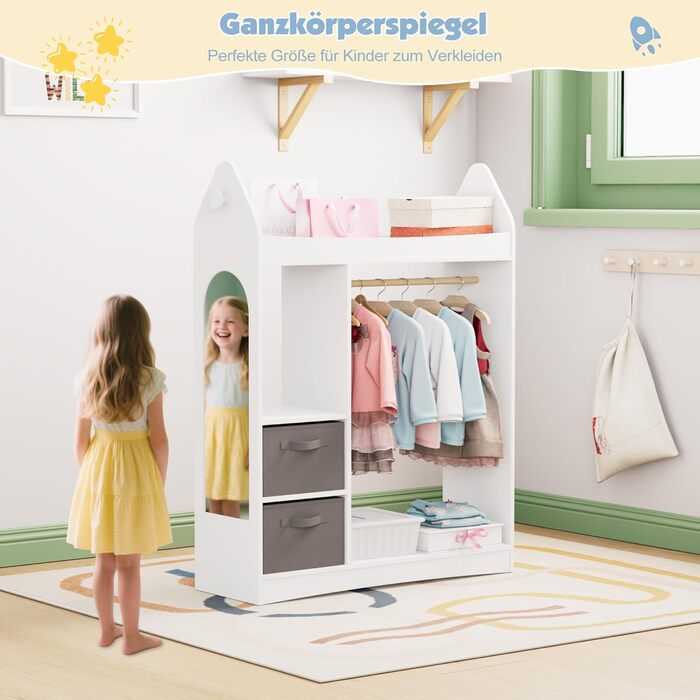 Дитяча шафа, дитяча вішалка для одягу з коробками, вішалка для одягу, дзеркало та полиці, дерев&39яна дитяча шафа, дитяча полиця 81 x 28 x 106,5 см (ракета з 2 шухлядами, біла) Біла ракета з 2 шухлядами