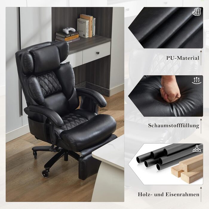 Офісні крісла, офісне крісло з підставкою для ніг та функцією масажу, офісне крісло зі штучної шкіри, поворот на 360, регульована спинка, до 150 кг, для офісу та домашнього офісу (чорне)