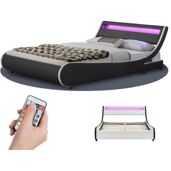 М'яке ліжко Juskys Valencia 140x200 см зі світлодіодним освітленням, рейковою рамою, узголів'ям та штучною шкірою - ліжко молодіжн