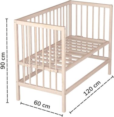 Дитяче ліжечко Smann 60x120 см - підходить від 0 до 4 років - на колесах та трансформується в дитяче ліжечко - система ременів безпеки та регулювання висоти для всіх ліжок - натуральний колір
