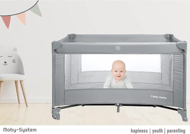 Дитяче ліжечко Moby-System 128x68 см Складане дитяче ліжечко з матрацом та сумкою для перенесення Манеж з боковим виходом для дітей вагою до 15 кг Сірий базовий
