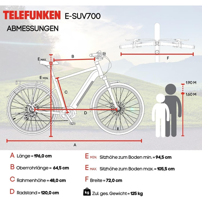 Електричний велосипед TELEFUNKEN E-Bike для чоловіків та жінок Міський педальний велосипед позашляховика з двигуном середнього розташування та літій-іонним акумулятором 720 Втгод Перемикач швидкостей Гідравлічні дискові гальма Світлодіодне освітлення Коле