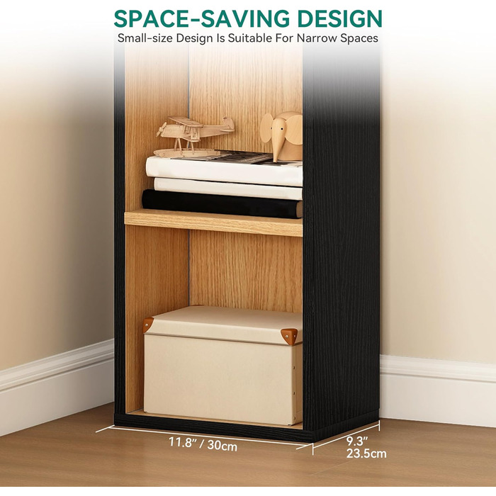 Висока вузька книжкова полиця, кутова тонка у формі будинку, 6-ярусна окремостояча книжкова полиця, компактний дизайн для зберігання речей у домі та офісі, чорний та дубовий, 30Ш 23,5Г 181В см, 2 шт. чорного кольору*2 шт. 23,5Г x 30Ш x 180В см