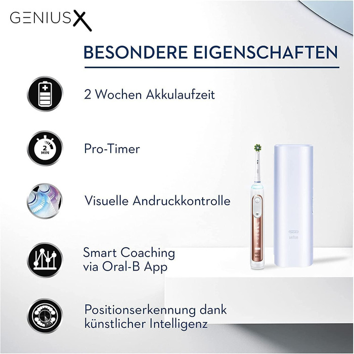 Електрична зубна щітка/електрична зубна щітка Oral-B Genius X, 6 режимів чищення зубів для догляду за зубами, додаток зі штучним інтелектом і Bluetooth, дорожній кейс, подарунок чоловіку/жінці, дизайн коричневого, рожеве золото