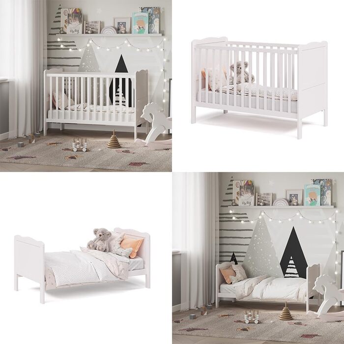 Дитяче ліжечко 60x120 см Tobi - Біле 124x87x65 см з дерева - дитяче ліжко із захистом від падіння, призначене для новонароджених та немовлят, з регульованою по висоті рейковою основою