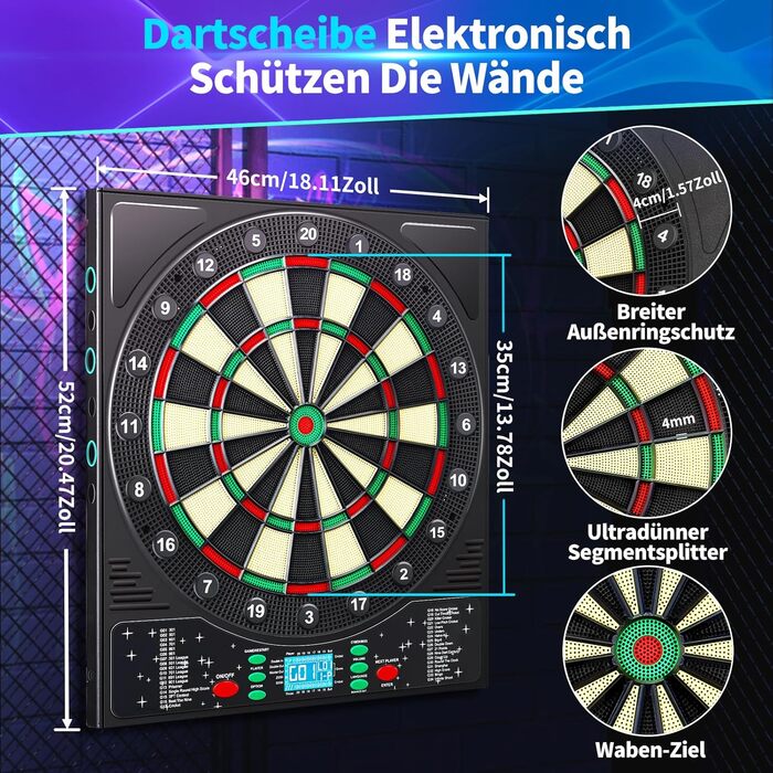 Електронна мішень для дартсу, професійна модель з німецьким голосом та 12 дротиками, електронна мішень для дартсу з РК-екраном, 34 гри та 355 варіацій, електронна мішень для дартсу для 1-8 гравців