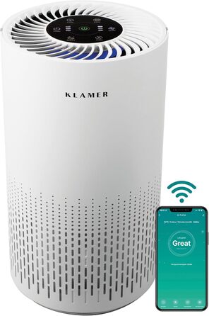 Очищувач повітря KLAMER 300i з фільтром HEPA, пікова продуктивність CADR 220 м/год, для приміщень до 50 м, видаляє до 99,9 пилку, пилу, вірусів та алергенів, 3 режими, включаючи автоматичний