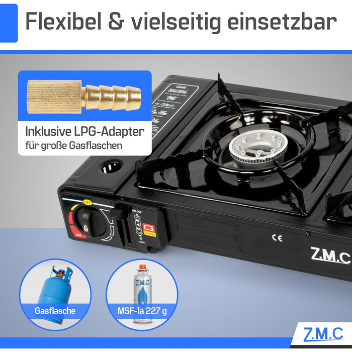 Газова плита для кемпінгу ZMC, 2 конфорки, 2,5 кВт, включаючи адаптер для підключення зрідженого газу та футляр для зберігання. Комплект кемпінгової плити з газовими картриджами та грильною пластиною (можна вибрати), з п&39єзорозпалом, для використання на
