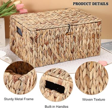 Натуральний кошик для зберігання речей з водяного гіацинта та морської трави. Плетена водонепроникна коробка для зберігання з кришкою. Для використання у вітальні, кухні, шафі для одягу, книг, фруктів, овочів та косметики. 40 x 28 x 19 см.