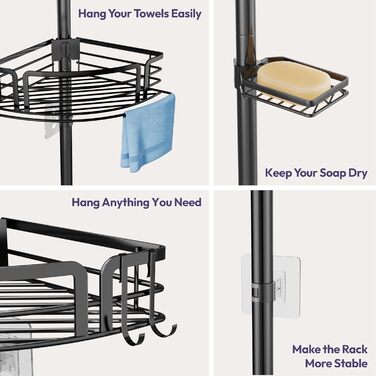 Кутова полиця для душу без свердління, телескопічна, регульована по висоті. Тримач для шампуню з 4 кошиками, нержавіюча сталь (70-267 см, чорний). Чорна 4-кошикова телескопічна полиця.