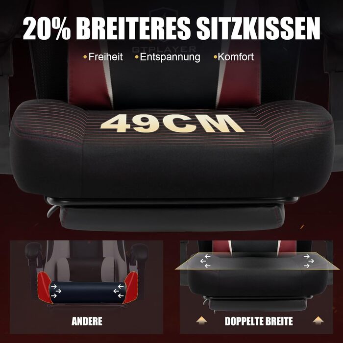 Ігрове крісло GTPLAYER з підставкою для ніг, ергономічне офісне крісло з сітчастою спинкою, тканинне ігрове крісло для дому та офісу, червоне, велике