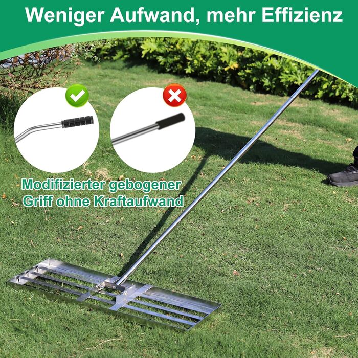 Професійний вирівнювач газону з нержавіючої сталі 76x25 см, з міцною металевою ручкою 201 см. Важкий рівневий грабель для піскування та вирівнювання трави для саду, подвір'я, гольф-поля та пасовища.