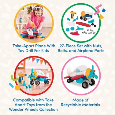 Іграшка-літак Wonder Wheels Іграшка-літак-конструктор з акумуляторною викруткою для дітей Навчальна іграшка для складання для дітей віком від 3 років (27 деталей), різнокольорова