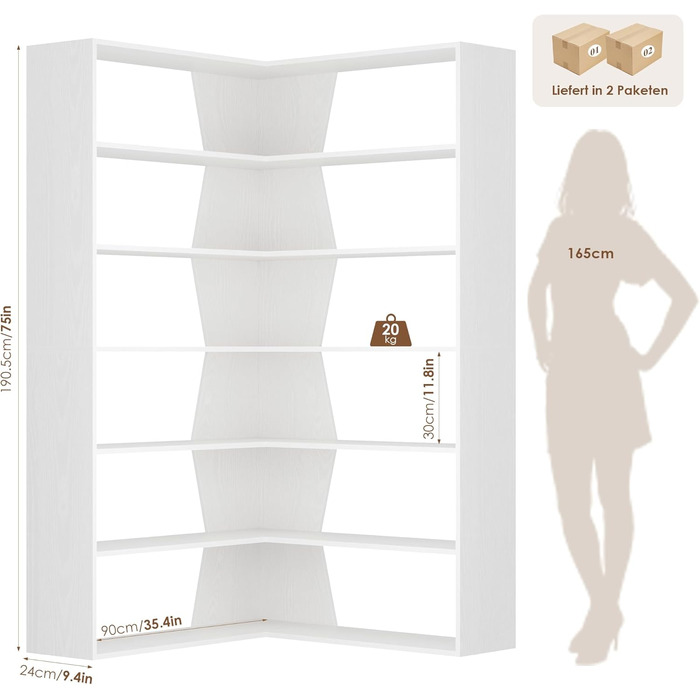 Кутова полиця FirFurd 190 см, книжкова шафа-ліжко, кутова книжкова шафа з 6 полицями, L-подібна кутова шафа, висока шафа, книжкова шафа, кутова вітрина для кабінету, вітальні, кухні, 90x90x190,5 см, білий