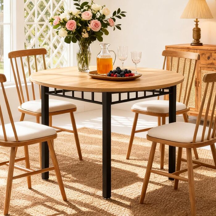 Круглий обідній стіл Mingone для 4 осіб, круглий обідній стіл 100 см, кухонний стіл з дерев&39яною стільницею, круглий стіл під дуб з металевими ніжками для вітальні, балкону, їдальні