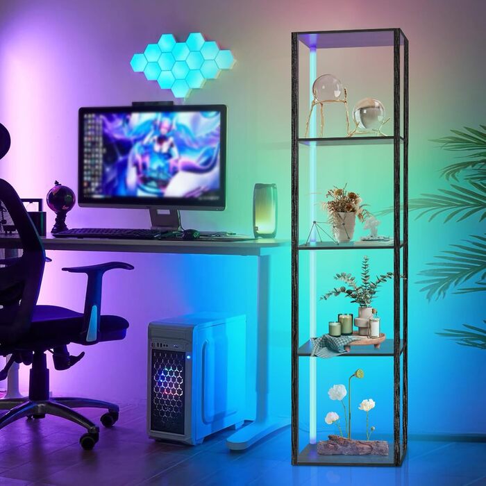 Книжкова полиця зі світлодіодним освітленням, 5-ярусний торшер з полицею, дерев&39яний торшер для вітальні з додатком та пультом дистанційного керування, кутовий торшер для вітальні, спальні, кабінету