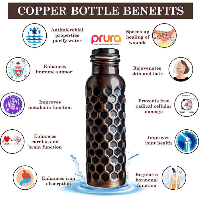 Аюрведична мідна пляшка для води, герметична, повністю натуральна мідна посудина, 900 мл/30 унцій, дизайн 900 мл 10