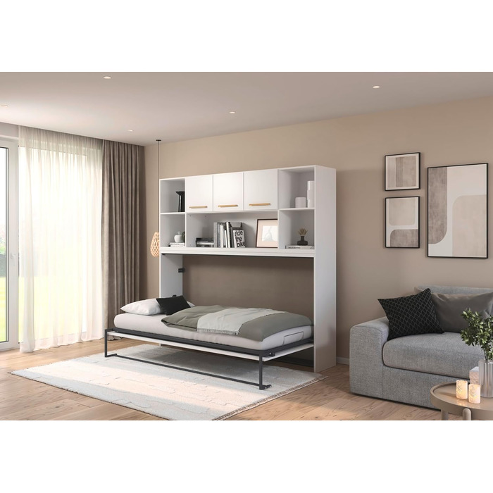 Меблі Rauch Albero, ліжко, настінне ліжко, поперечно розкладне ліжко, компактне настінне ліжко з каркасом ліжка, полицею та рейковою основою, спальна зона 90x200 см, колір білий, ручки з масиву дуба, 214x197x44 см