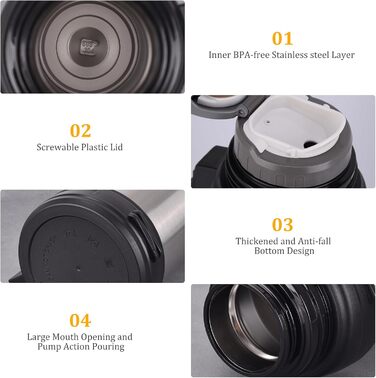 Вакуумно-ізольована пляшка місткість 2 л, металева пляшка для води з нержавіючої сталі для гарячих та холодних напоїв, термопляшка з чашкою без бісфенолу А, портативна дорожня пляшка для води з ручкою для перенесення, 2000 мл