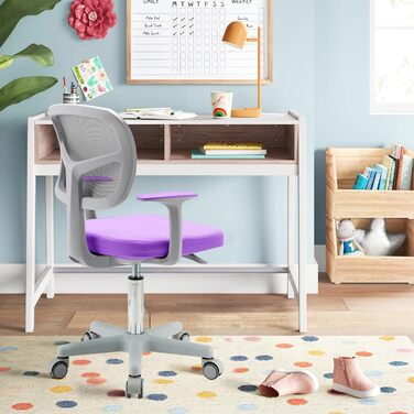 Дитяче крісло COSTWAY з поворотом на 360, регульоване по висоті 80-91,5 см зі спинкою та підлокітниками, комп&39ютерне крісло з 5 колесами для дітей 3-10 років (фіолетове)