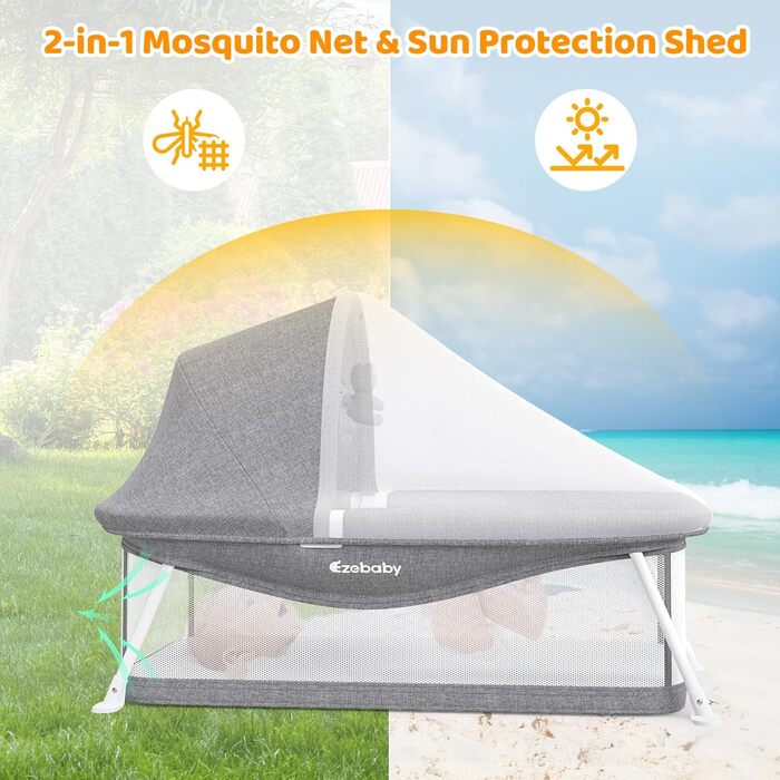 Дорожнє ліжечко Ezebaby, маленьке складне дитяче ліжечко з сумкою для зберігання, москітною сіткою та іграшками, підходить для дітей 0-5 місяців (сіре)