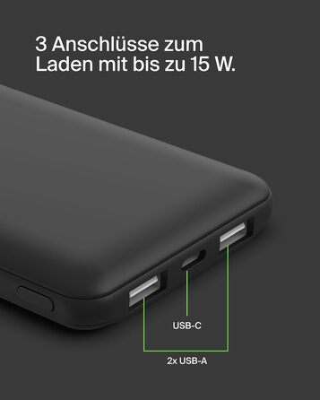 МАг, портативний зарядний пристрій USB-C з 1 портами USB-C і 2 USB-A, акумуляторна батарея для заряджання потужністю до 15 Вт, зовнішні акумулятори мобільних телефонів для iPhone, Galaxy, Pixel, AirPods, iPad тощо - чорний, 10000