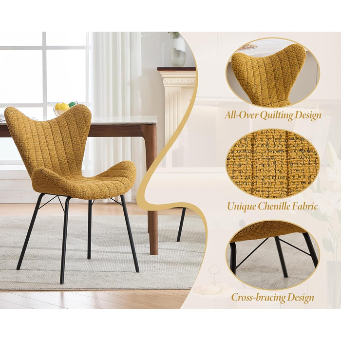 Обідні стільці, комплект з 4 шт. , м&39які кухонні стільці, обідні стільці, крісла зі стьобаними шенілловими спинками, для їдальні, вітальні, спальні та вітальні, жовті.