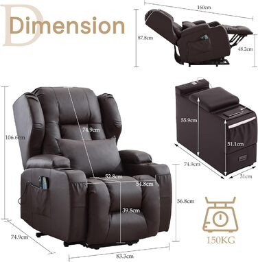 Електрично регульоване крісло для телевізора з функцією відкидання та підйомником, крісло для літніх людей зі штучної шкіри, крісло для телевізора, крісло для кінотеатру з масажем та підігрівом (коричневе, 1 підйомне крісло з консоллю) Коричневе 1 підйомн