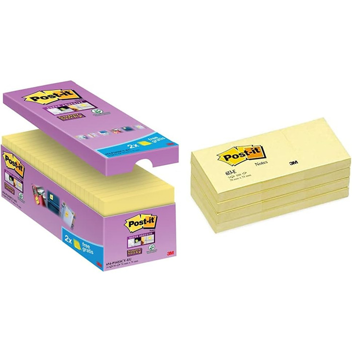 Стікери Super Sticky Notes, упаковка з 24 блокнотів, по 90 аркушів на блокнот, 76 мм x 76 мм, кольори зелений, рожевий, синій, помаранчевий - надзвичайно міцні наліпки для нотаток, списків справ і нагадувань (канарково-жовтий, стандартний, набір наліпок 5