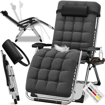 Складаний шезлонг ELONEO з преміальною подушкою, всепогодний шезлонг з вантажопідйомністю 200 кг, надзвичайно широкий садовий стілець, садовий шезлонг з регульованою спинкою, подушкою для шиї та тримачем для напоїв, антрацит