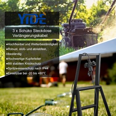 Подовжувач YIDE Outdoor 5м з 3 розетками Schuko, гумовий подовжувач для вулиці IP44, 3 захисні контактні розетки із захисним ковпачком, будівельний кабель живлення Outdoor 3500 Вт, 3-смуговий розподільник 5 метрів