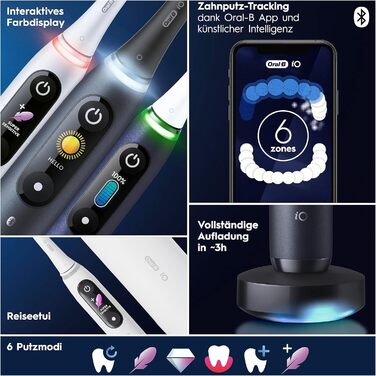 Електрична зубна щітка Oral-B iO Series 8 Plus Edition, подвійна упаковка ПЛЮС 3 щітки в т.ч. відбілювання магнітний чохол, 6 режимів чищення, подарунок чоловік/жінка, чорний/фіолетовий