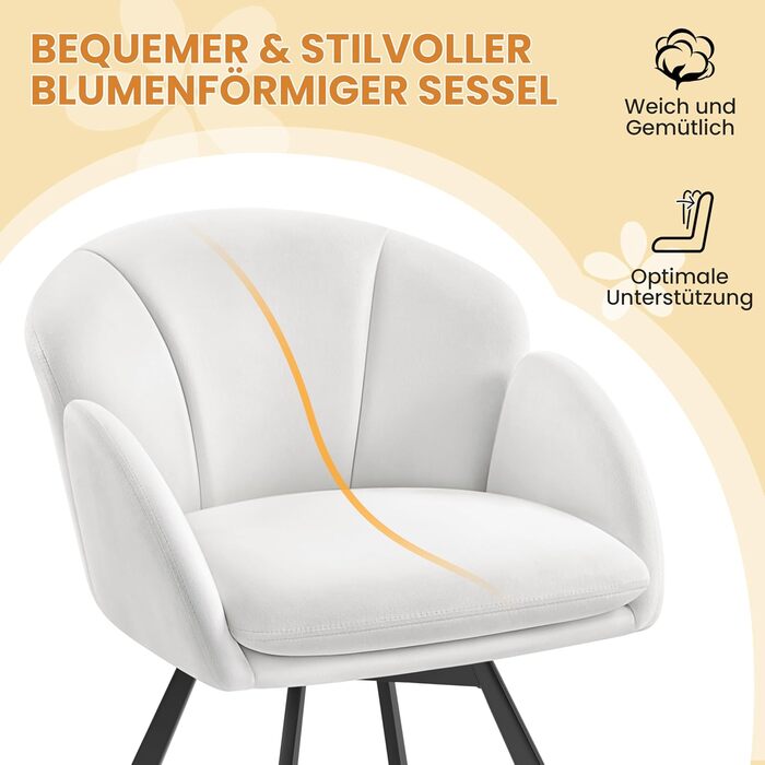 Офісне крісло Yaheetech з поворотом на 360, оксамитове офісне крісло з подвійною подушкою сидіння, туалетний стілець у формі пелюстки, поворотне крісло для офісу/спальні/вітальні, білий колір