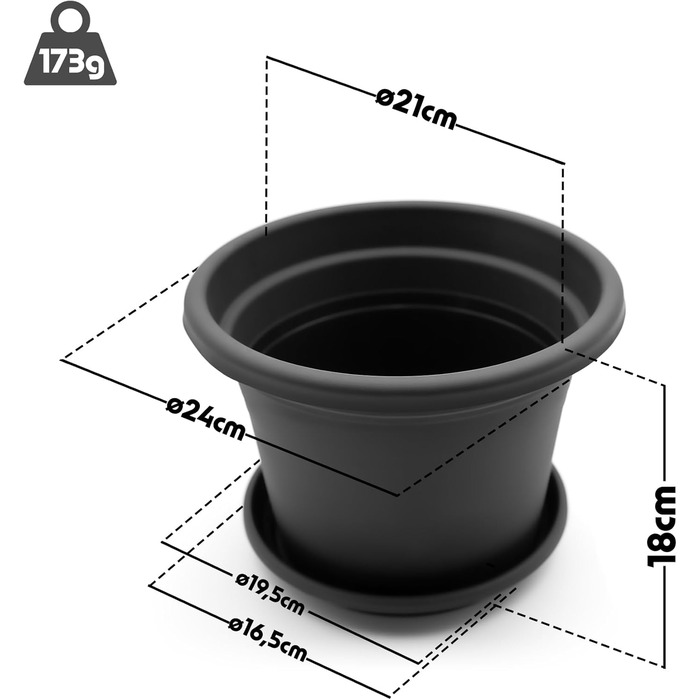 Набір з 8 круглих квіткових горщиків з блюдцями BigDean, ø 25 см, антрацит всепогодні кашпо, зроблені в Європі, антрацит, ø 25 см